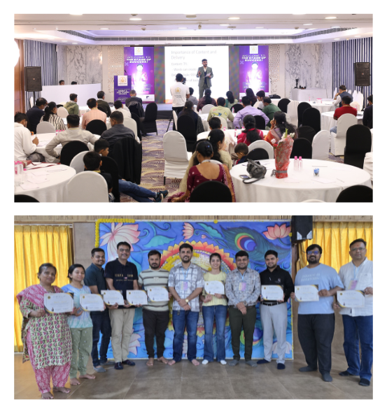 Participants at a Mayur Soni seminar and graduates holding their certificates